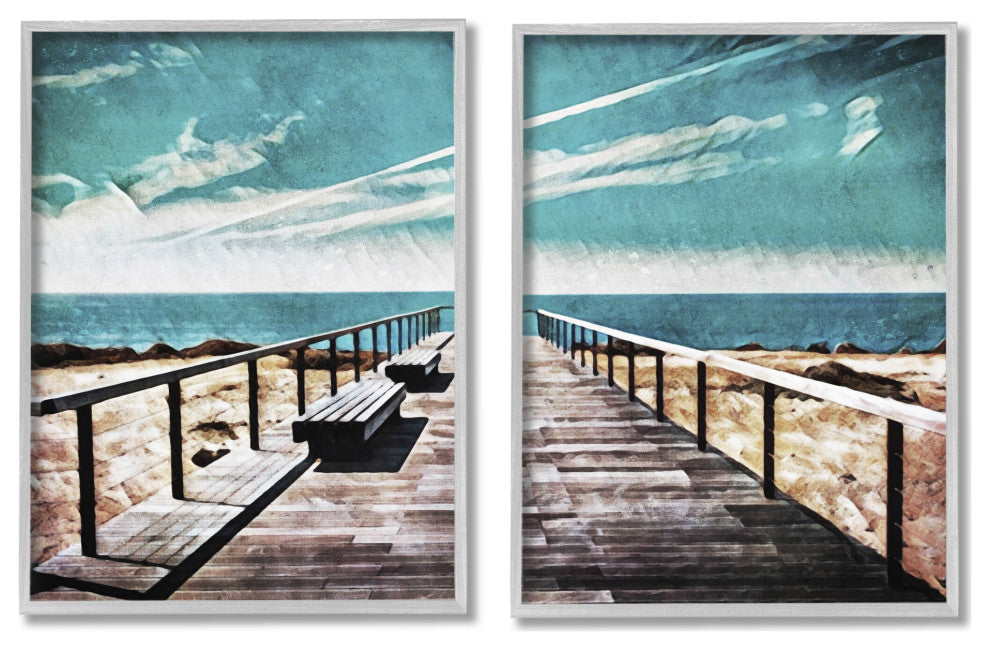 Tranquil Pier Dock Beach Clear Blue Sky Illustration, 2pc, each 16 x 20