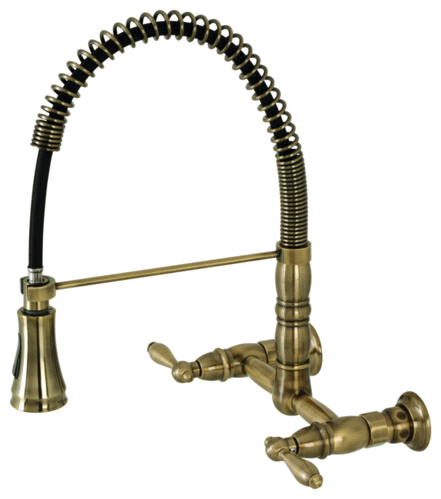 GS1243AL Two-Handle Wall-Mount Pull-Down Sprayer Kitchen Faucet, Antique Brass