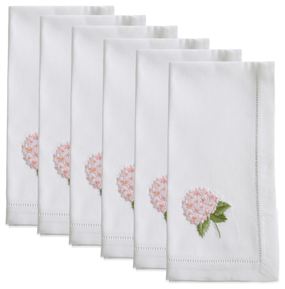 Hemstitch Napkins With Embroidered Pink Hydrangea Design, Set of 6, 20" x 20"