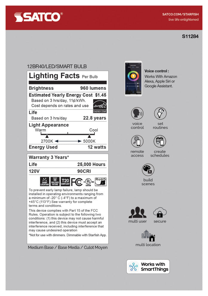 12W, BR40 LED, RGB & Tunable White, Starfish IOT, Medium Base, 120V