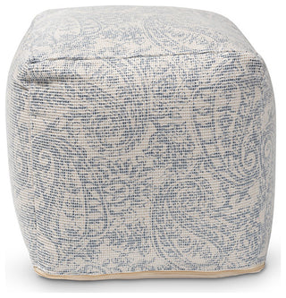 Geneva Ivory and Blue Handwoven Paisley Pouf Ottoman