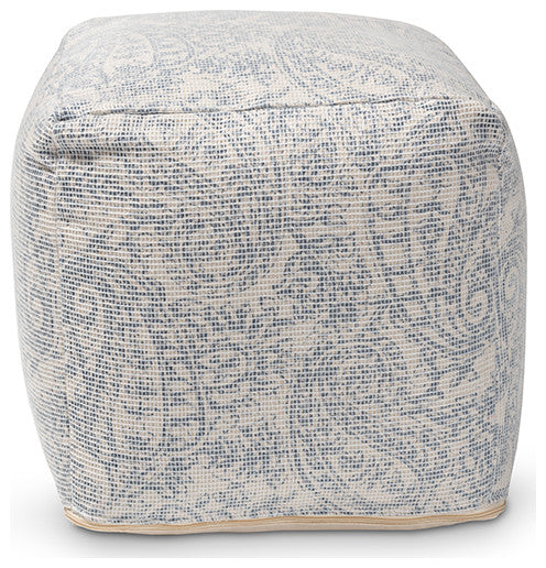 Geneva Ivory and Blue Handwoven Paisley Pouf Ottoman