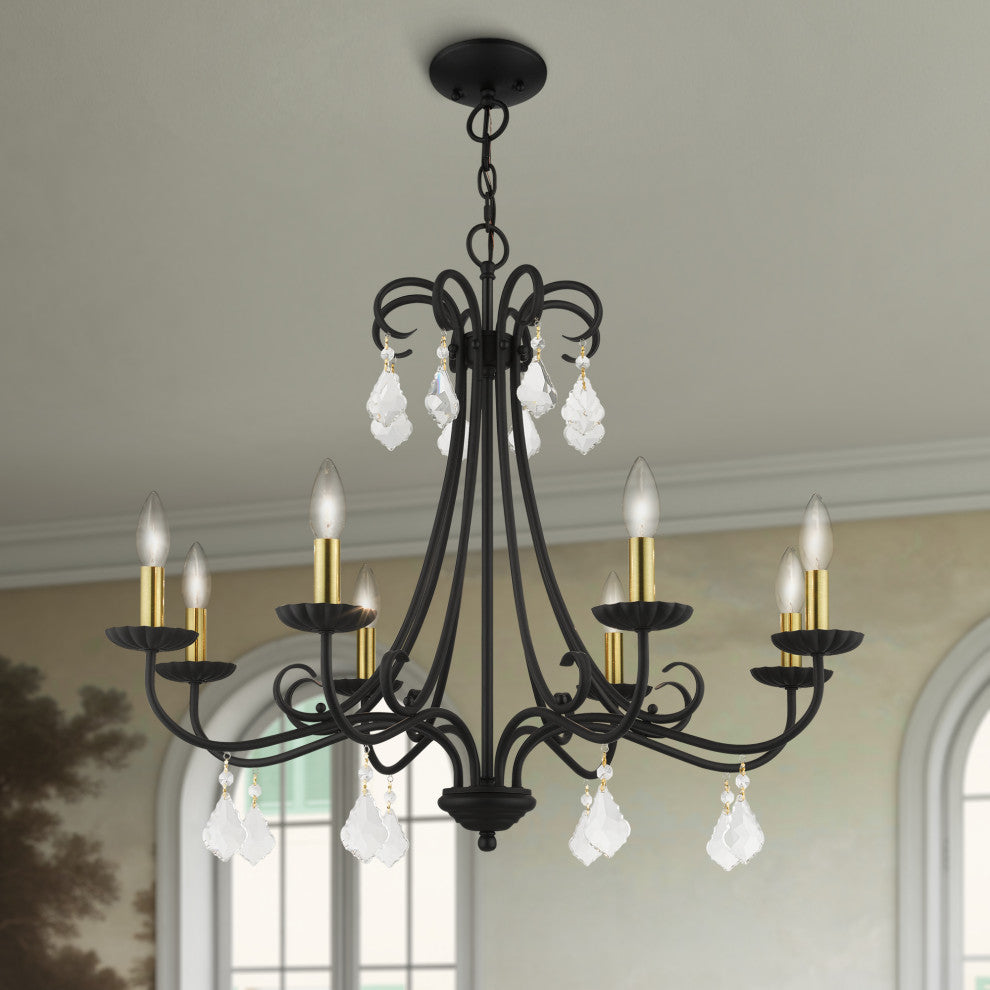 Daphne 8-Light Black Large Chandelier, Antique Brass Accents and Clear Crystals