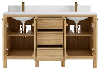 Elizabeth 60 Double Bathroom Vanity in Light Natural Teak 1.5" White Quartz