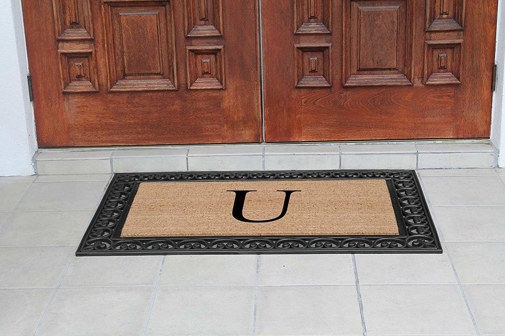 A1HC Black Rubber and Coir Paisley Border Monogrammed Double Doormat, 30"X48", U