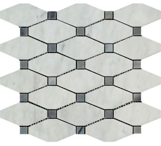 Carrara White Marble Polished Octave Pattern Mosaic w/ Blue Gray
