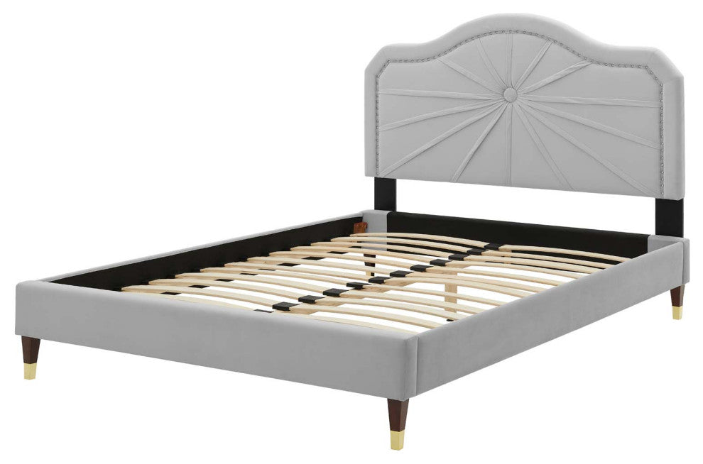 Platform Bed Frame, Full Size, Velvet, Light Gray, Modern Contemporary
