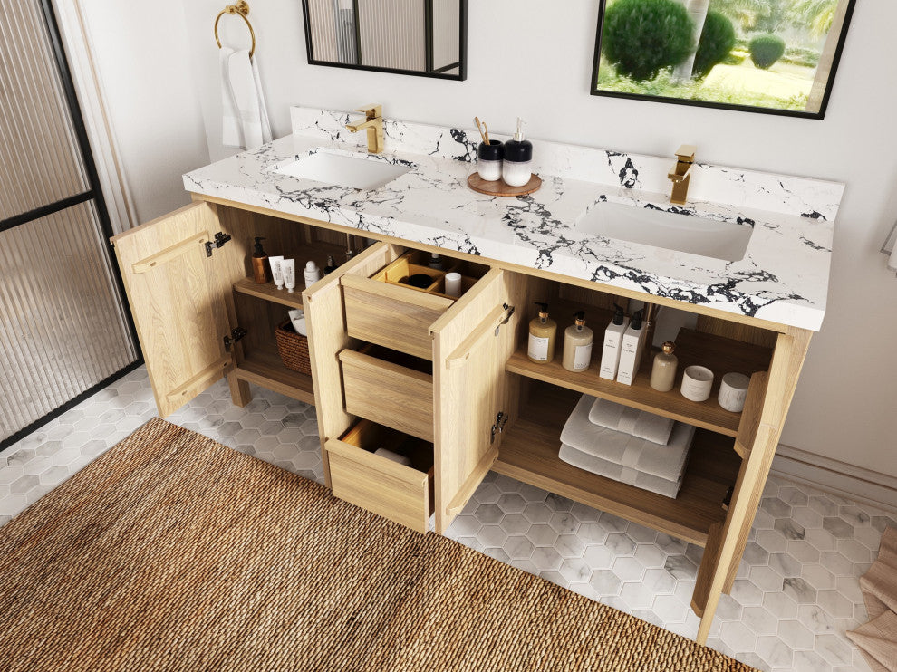 Elizabeth Oak 72" Double Sink Vanity, White 2" Calacatta Black