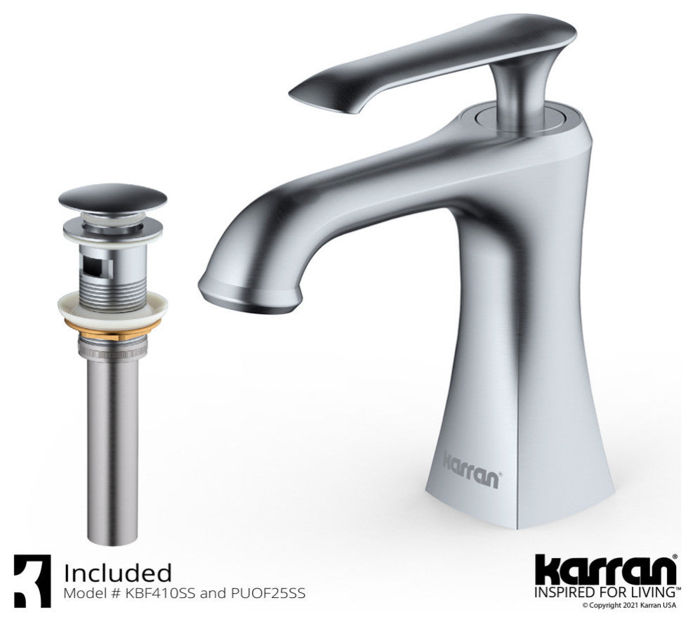 Karran 1-Hole 1-Handle Bathroom Faucet With Pop-Up Drain, Stainless Steel