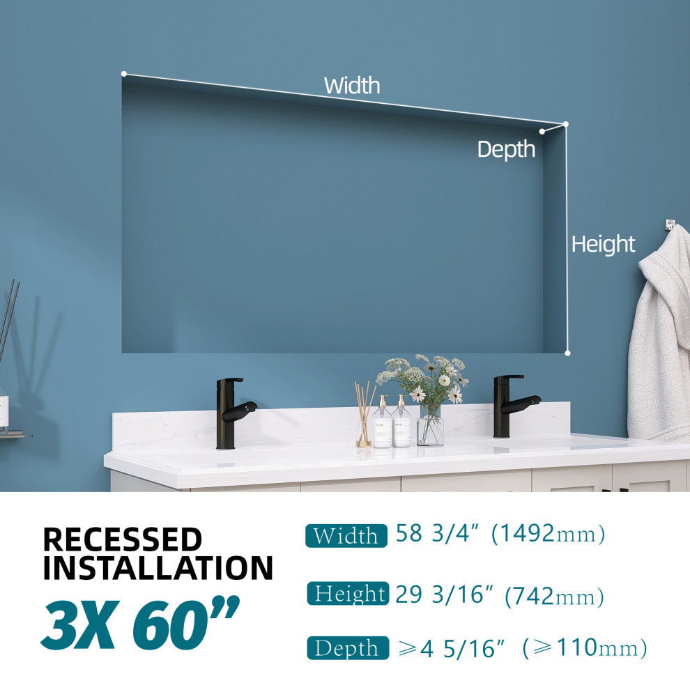 60'' W 30'' H Recessed Frameless Medicine Cabinet Mirror 9 Adjustable