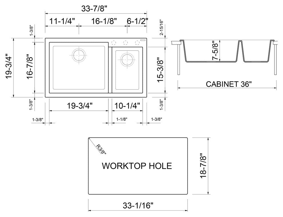 Titanium 34" Double Bowl Drop In Granite Composite Kitchen Sink