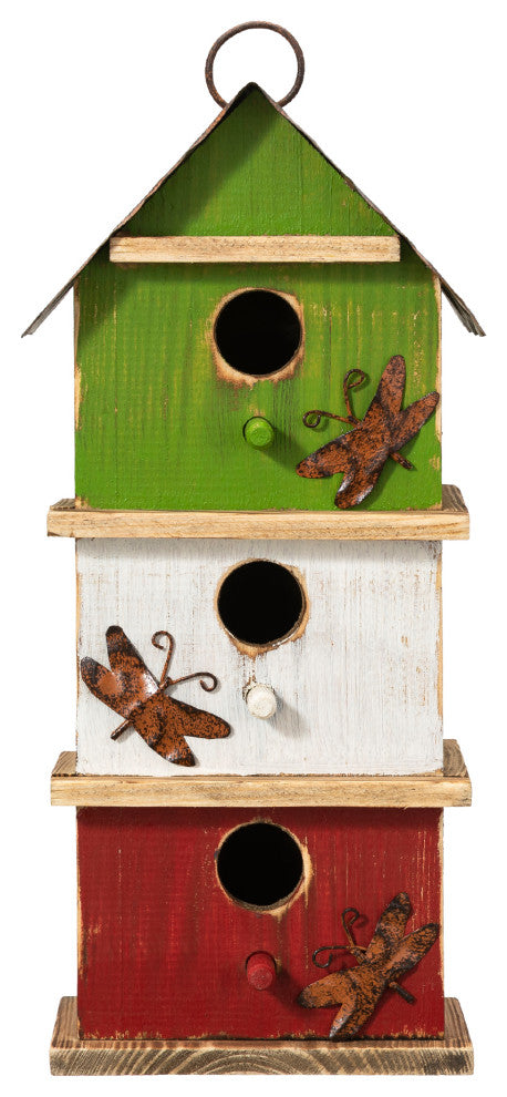 Three-Tiered Distressed Solid Wood Birdhouse