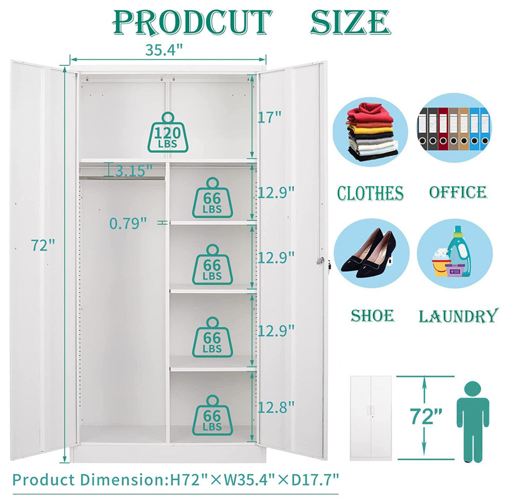 Metal Storage Cabinets Locker, 72" Steel Storage Freestanding Wardrobe, White, 182.8*90*45cm