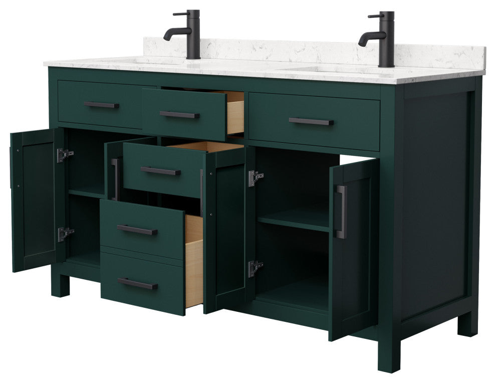 60"DBL Bathroom Vanity Green, Carrara Cult. Marble Countertop, Sinks, Black Trim