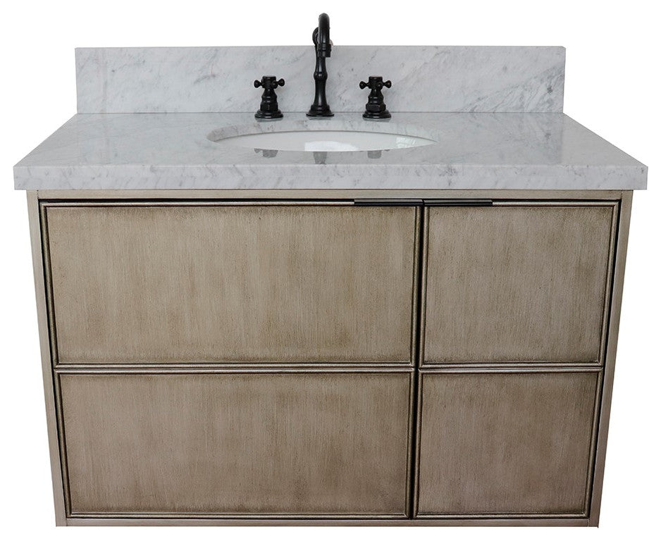 37" Single Wall Mount Vanity, Linen Brown Finish With White Carrara Top