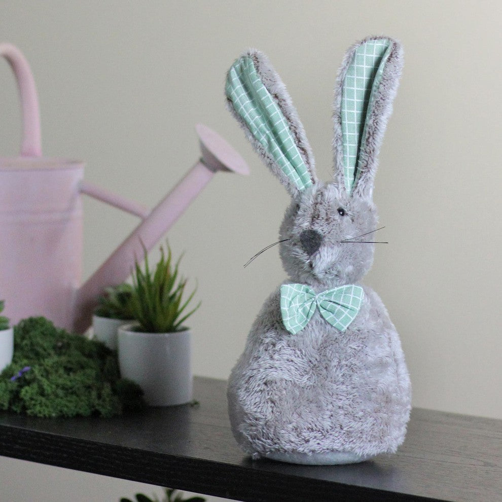 12" Gray and Green Plush Rabbit With Green Bow Tie Easter Decoration