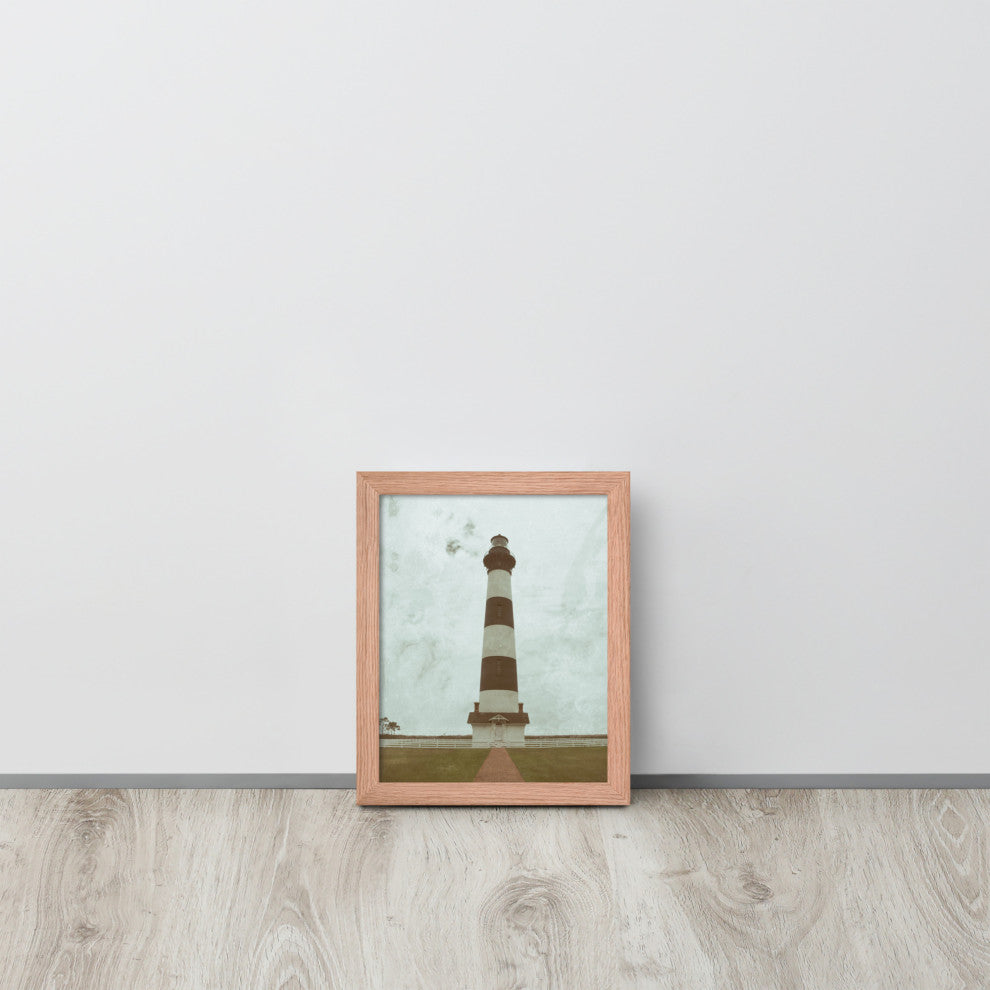 Aged Bodie Lighthouse Landscape Framed Photo Paper Wall Art Prints, Red Oak, 8" X 10"