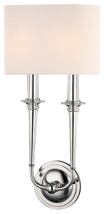 Lourdes, 2-Light Wall Sconce, Polished Nickel Finish, Off White Linen Shade