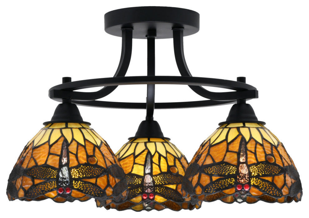 Paramount 3-Light Semi-Flush Light, Matte Black, 7" Amber Dragonfly Art Glass