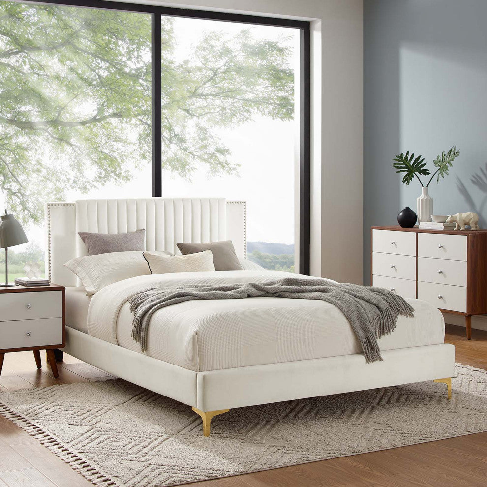 Zahra Channel Tufted Performance Velvet King Platform Bed, White