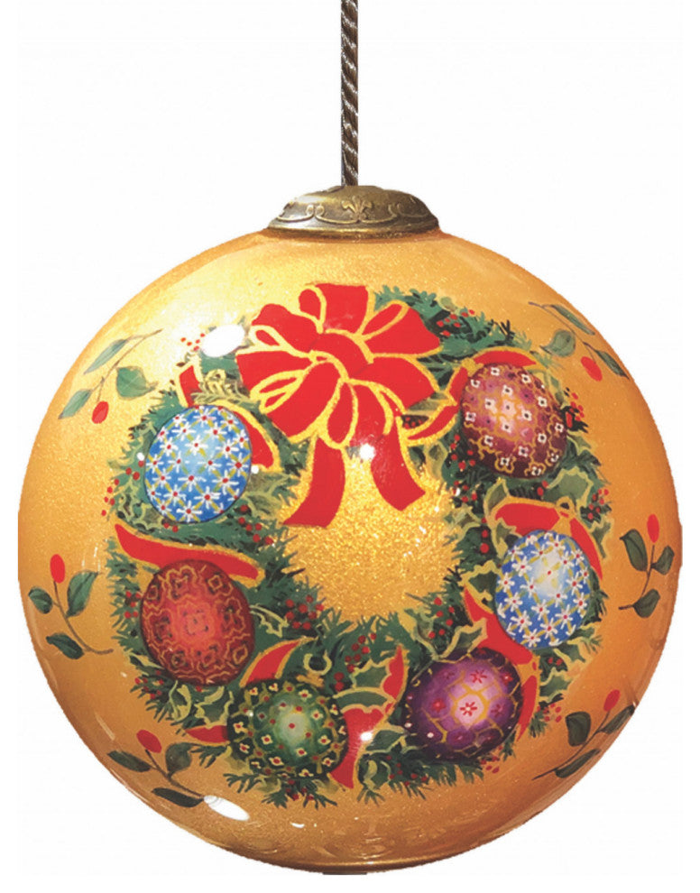 Holly and Wreath With Colorful Balls Hand Painted Mouth Blown Glass Ornament