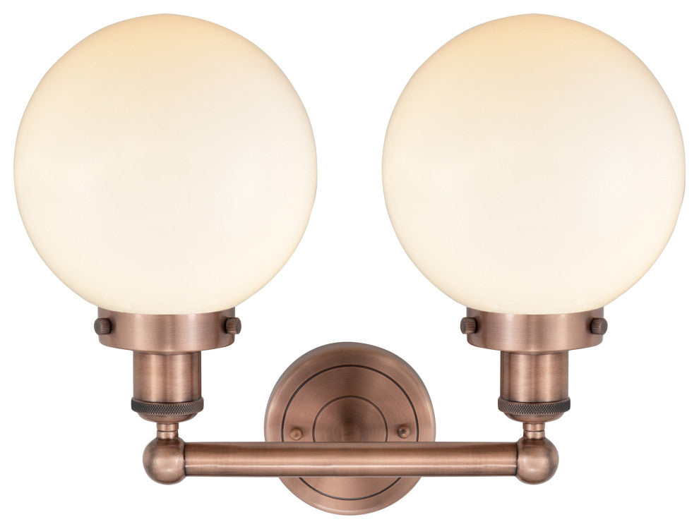 Edison Large Beacon 2-Light 16" Vanity Light, Antique Copper, Matte White Shade