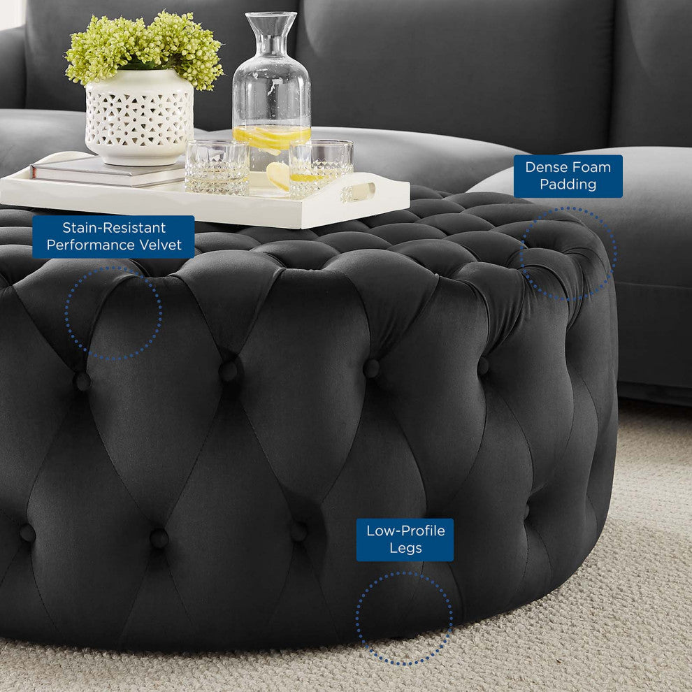 Round Ottoman Accent Tufted Chair, Black, Velvet, Modern, Lounge Hospitality