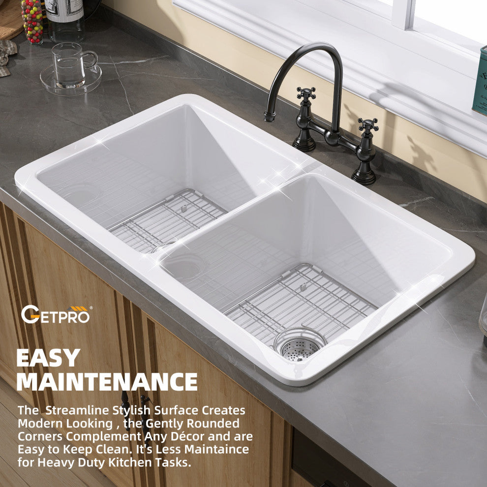 32"Lx19"W Drop-In Double Bowl Farmhouse Fireclay Kitchen Sink With Accessories