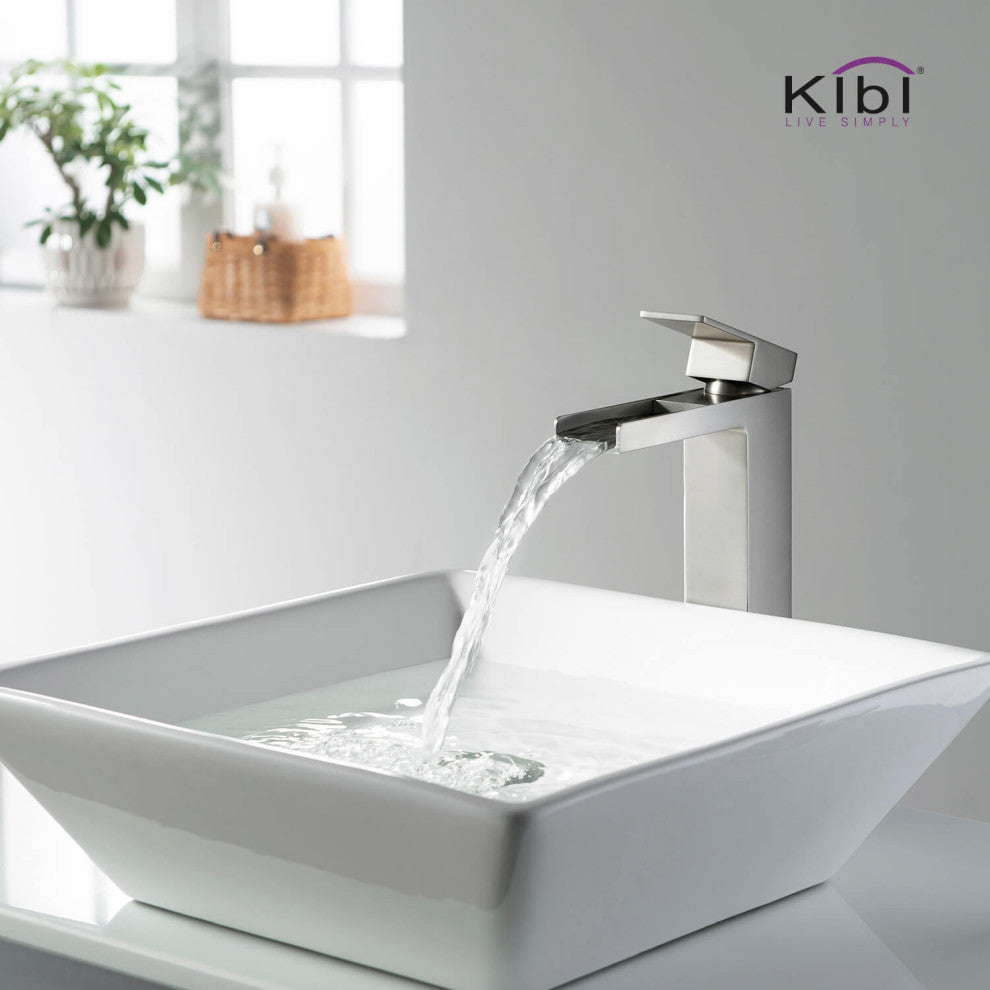 Waterfall Single Handle Vessel Sink Faucet KBF1005, Brushed Nickel, W/ Drain