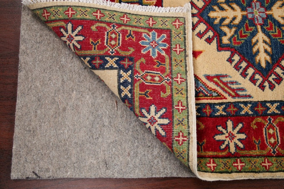 Traditional Hand-Knotted Oriental Pakistani Kazak Area Rug, Beige, 4'0"X2'8"