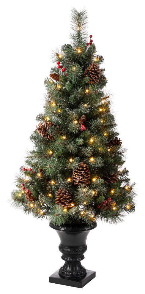 4' Flocked Christmas Tree With 100 Warm White Light, Pinecone and Berries