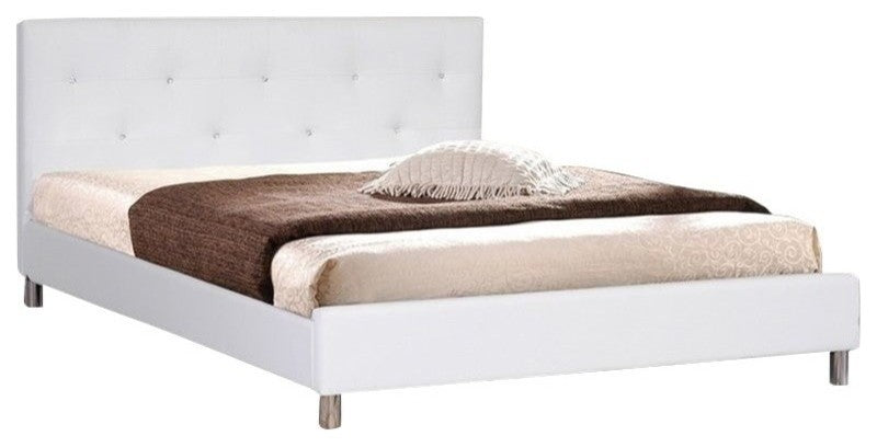 Barbara Modern Bed With Crystal Button Tufting, White, Queen
