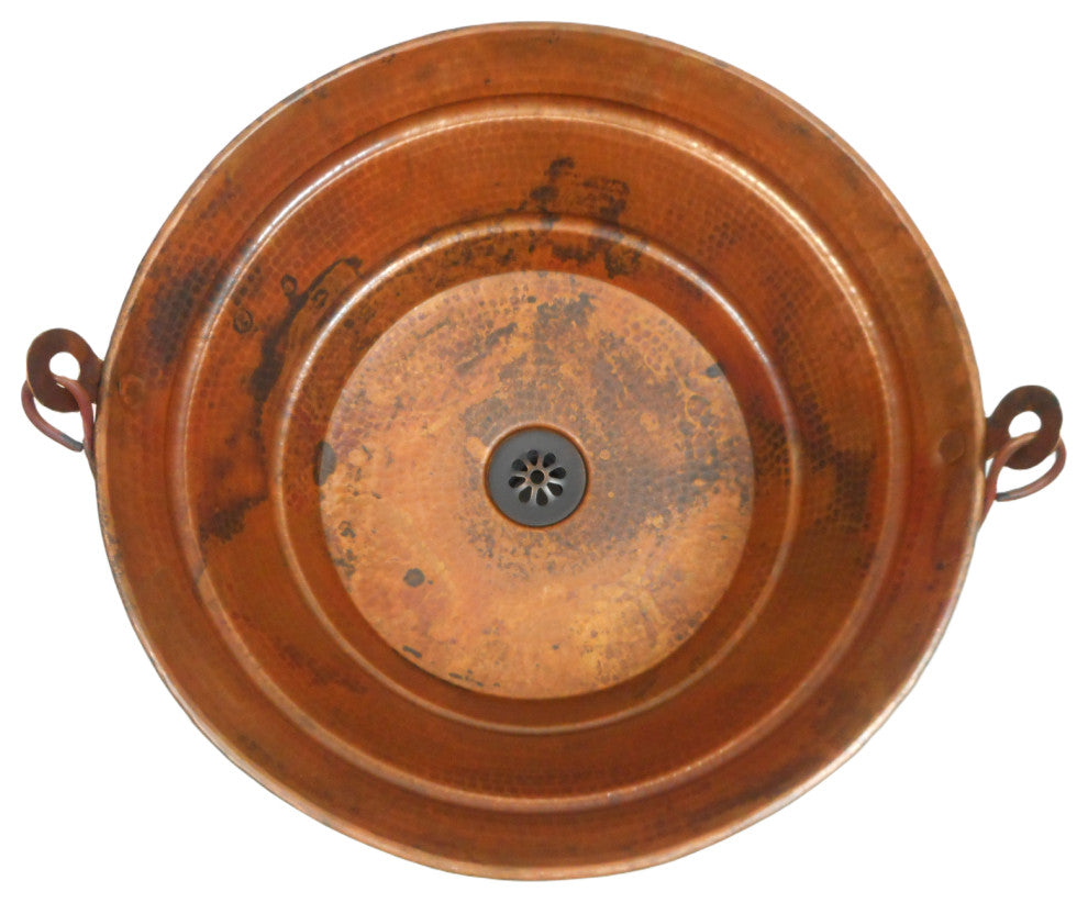 15" Round Copper Bucket Bathroom Sink in Fire Burnt Patina with Daisy Drain