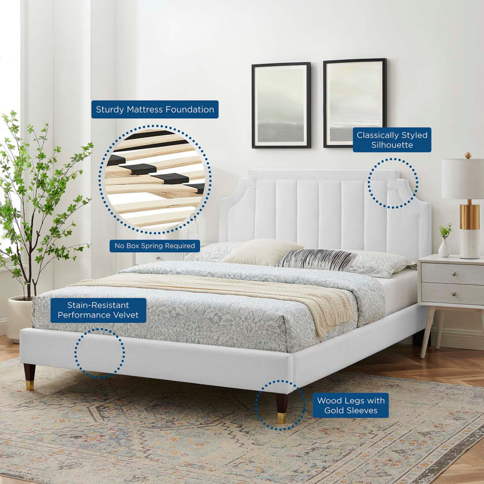 Platform Bed Frame, King Size, Velvet, White, Modern Contemporary, Bedroom