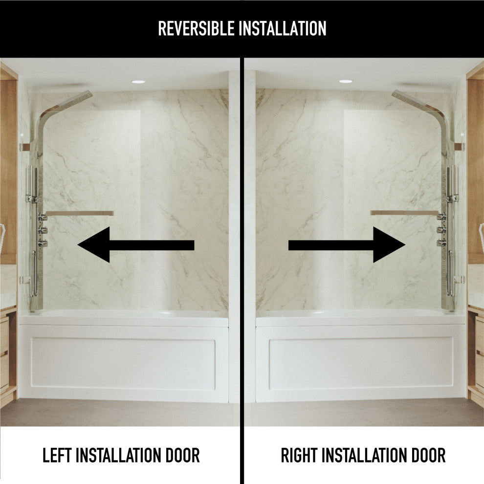 VIGO Rialto 34" W x 58" H Frameless Hinged Tub Door, Stainless Steel, Clear Glass