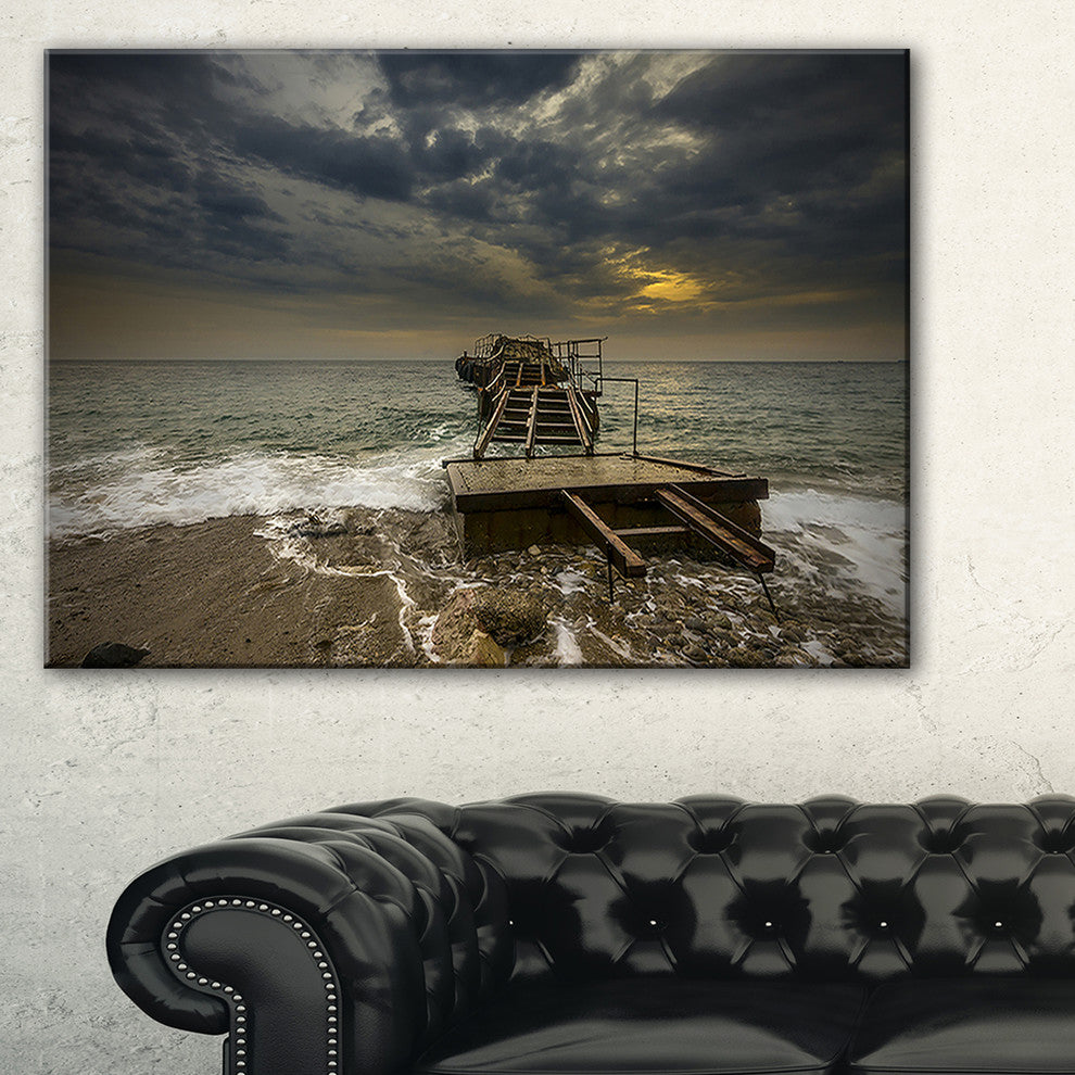 "Ruined Wooden Pier For Boats At Sunset" Sea Bridge Wall Art, 32"x16"