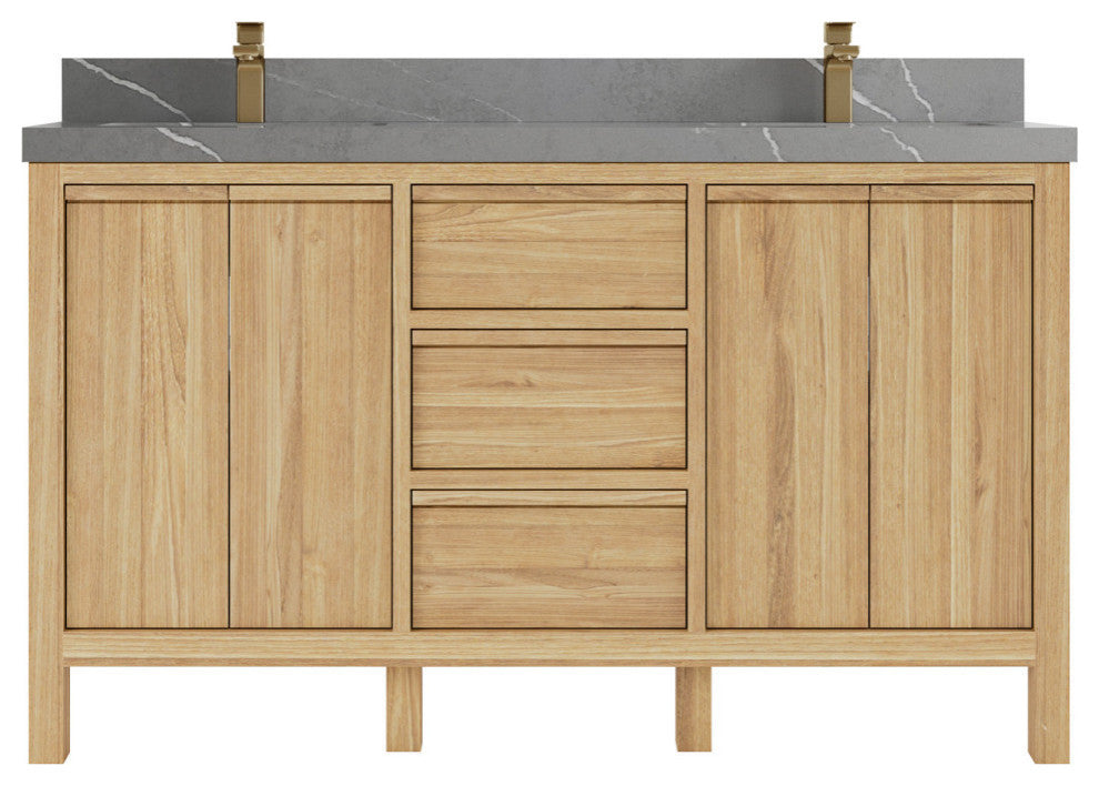 Elizabeth 60 Double Bathroom Vanity in Light Natural Teak 2" Piatra Gray