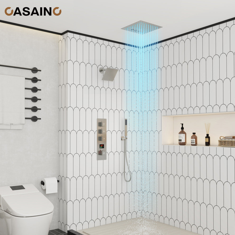 12inch Luxury Shower Dual Shower Head System With LED Light and Bluetooth, Brushed Nickel