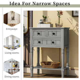Narrow Console Table with Three Storage Drawers, Gray Wash