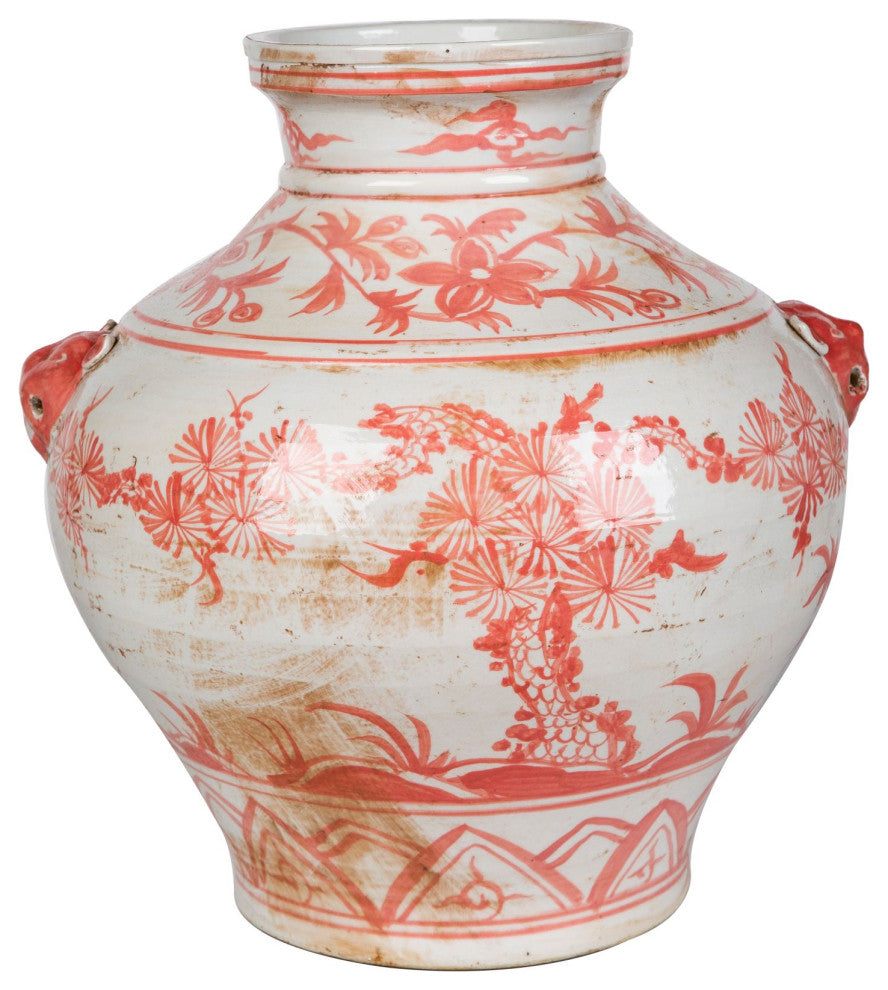 Coral Red Plum Jar Double Lion Handle