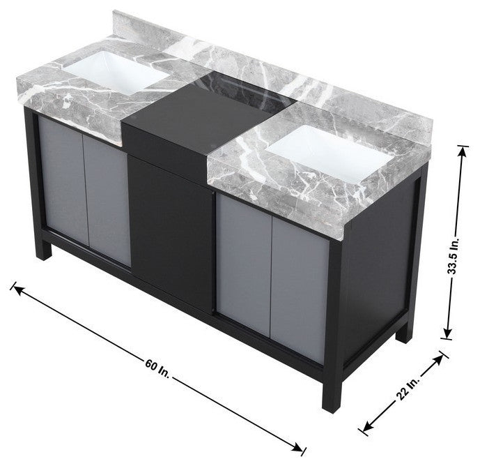 Zilara 60" Black and Grey Double Vanity Set, Monte Chrome Faucet Set