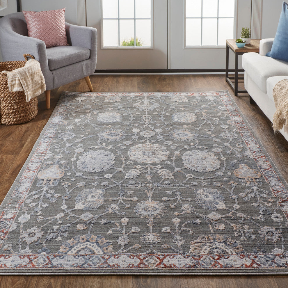 Weave & Wander Sybil Transitional Oriental Style Rug, Charcoal Gray/Red, 9' X 12