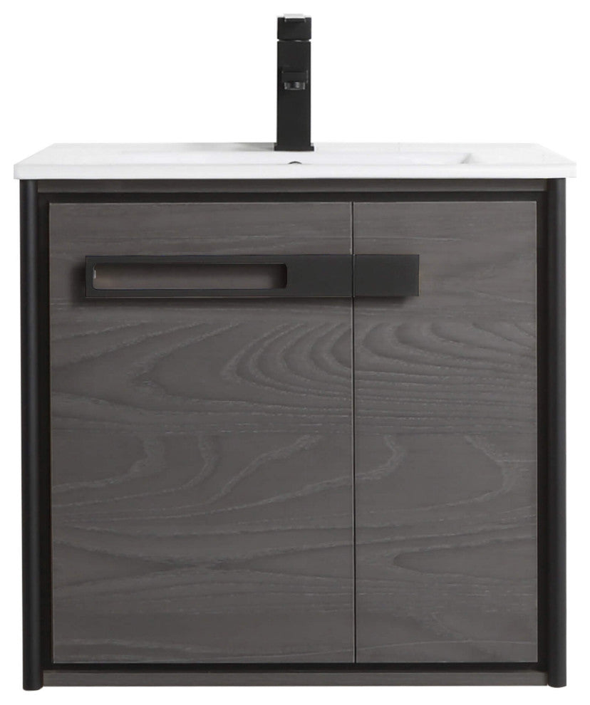Oakville Wall Mount Bathroom Vanity, Black Coal Oak, 24", Black Hardware
