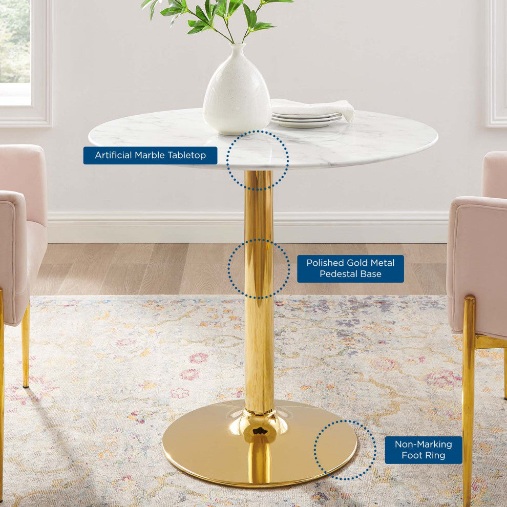 35" Dining Table, Round, White Gold, Artificial Marble, Modern, Mid Century
