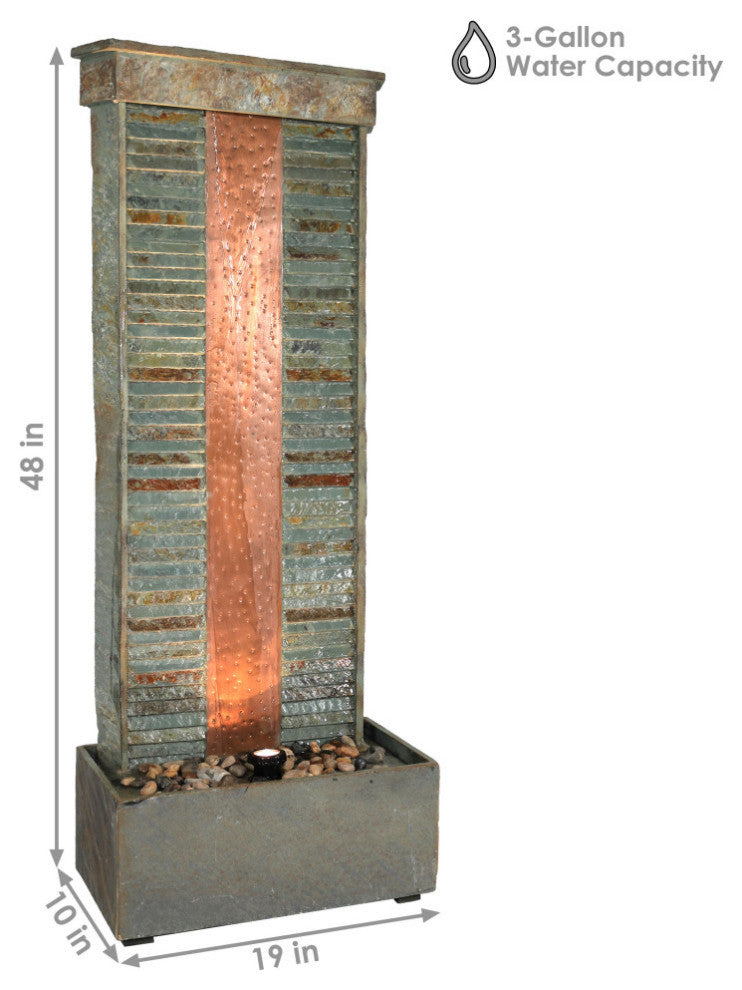 Sunnydaze Rippled Slate Indoor Fountain, Copper Finish and Spotlight, 48"