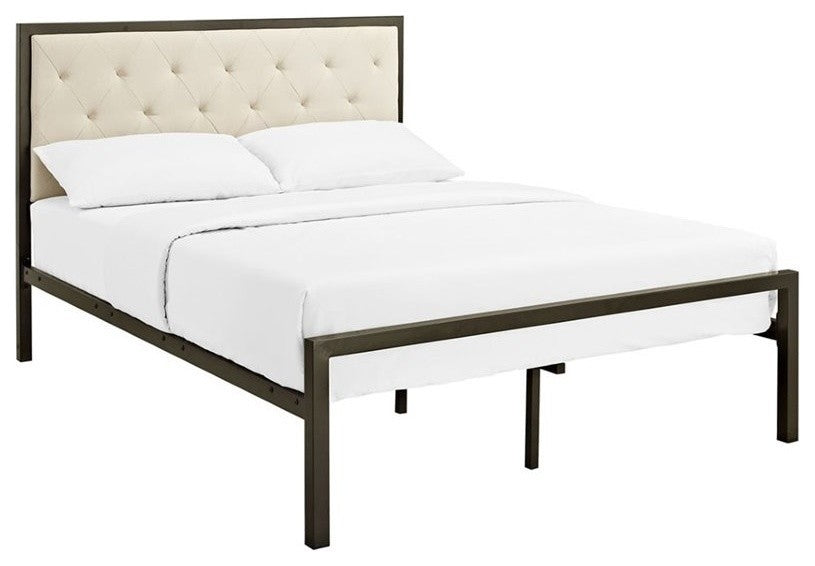 Mia Full Tufted Upholstered Fabric and Steel Bed, Brown Beige