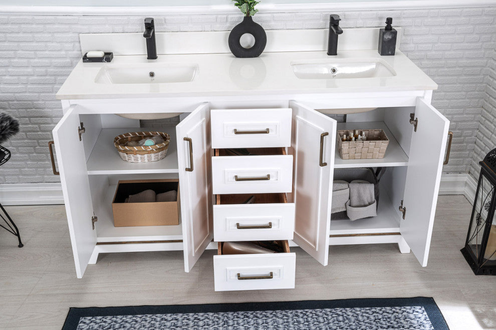 Albia Collection 60" Bathroom Vanity With Sink, Mirror, Countertop, White