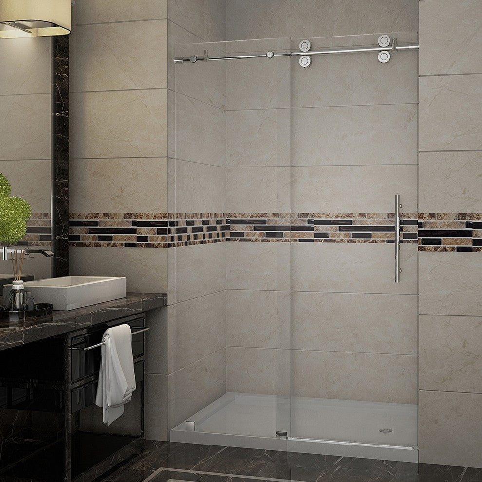 Langham 48"x77.5" Completely Frameless Sliding Shower Door, Chrome, Right Base