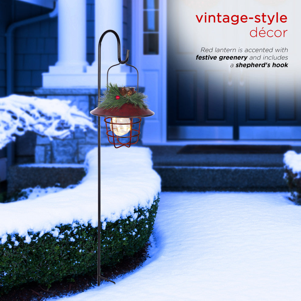 Metal Lantern w/ Shepherd's Hook and Warm White LED, Red
