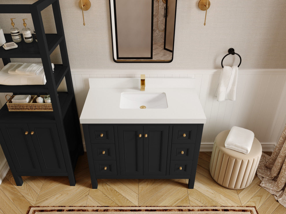 Nashville 42" Single Sink Bath Vanity, Black 2" White Quartz
